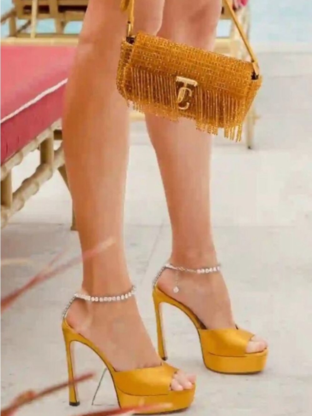 Jimmy Choo Saeda Suede Satin Crystal Chain Platform Sandals Sunflower Sz 37